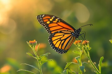Fototapeta premium Monarch butterfly on flower with warm golden sunlight, close up