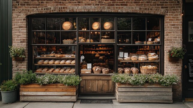  Rustic bakery storefront featuring large windows displaying fresh bread and pastries. Cozy charm and inviting atmosphere make it a perfect spot for local shoppers.