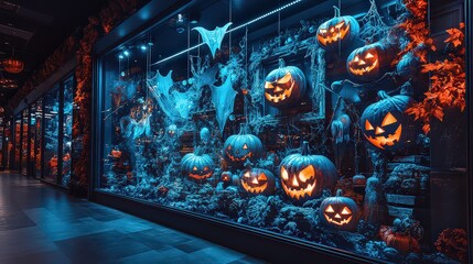  Glowing jack-o'-lanterns and eerie decorations fill Halloween window display. Pumpkins, spider webs, and blue lighting set spooky mood for the season.