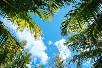 Fototapeta premium Tropical Palm Trees Canopy Against a Clear Blue Sky with Clouds, Vacation Background