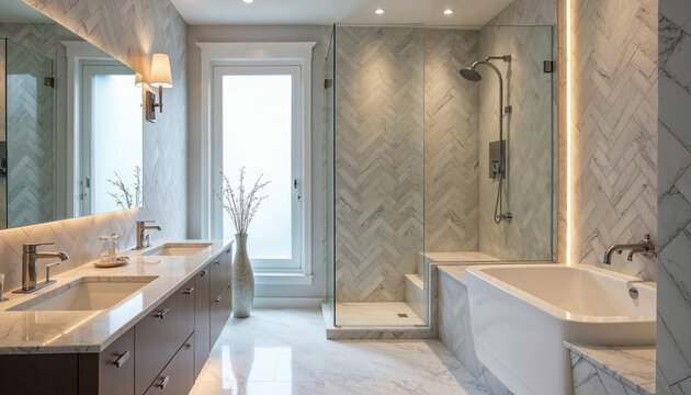 Luxurious ensuite bathroom featuring a herringbone marble shower and serene, modern design.






