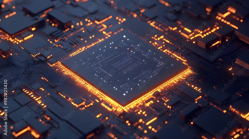 Poster advanced ai computer chip seamlessly integrated into futuristic circuit board image