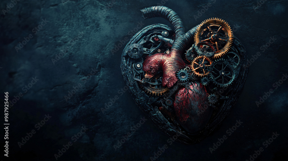 Poster heart. human heart as a clock with gears. dark background. time and mortality. ethical implications 