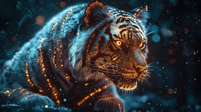  Majestic tiger glowing with neon lights, symbolizing strength and mystery in a surreal, futuristic jungle environment.