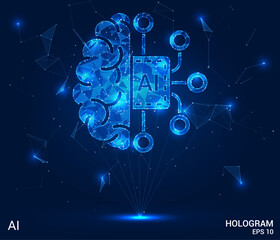 Hologram AI. AI made of polygons, triangles, dots, and lines. Low-poly AI structure of connections. Technology concept vector.