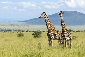 Fototapeta premium Two Giraffes Standing in African Savanna Landscape with Mountain in Background