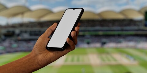 Asian old male using smartphone with a blank white screen. Cricket, stadium, sport apps mockup. Vertical phone orientation