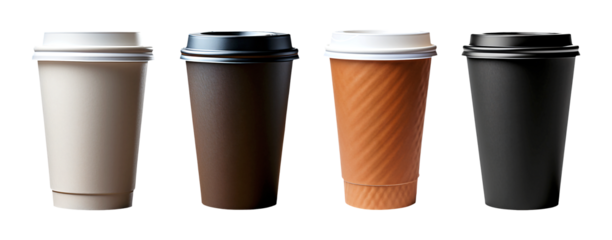 Four takeaway coffee cups in different colors and textures with lids isolated on a transparent background