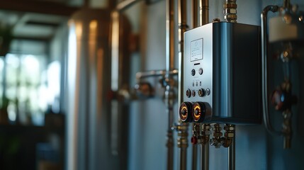  High-efficiency water heater with digital controls, showcasing modern technology for energy-saving and efficient home heating solutions.