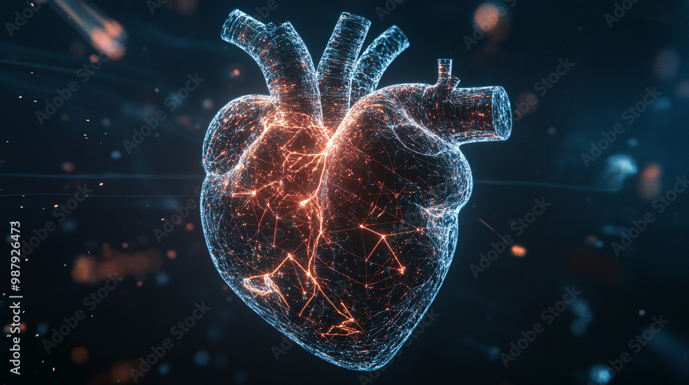 Poster heart. human heart as a holographic map. dark backdrop. navigation and emotion. ethical issues in em