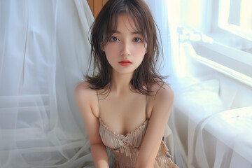 柔らかな光とカーテンに包まれた美少女