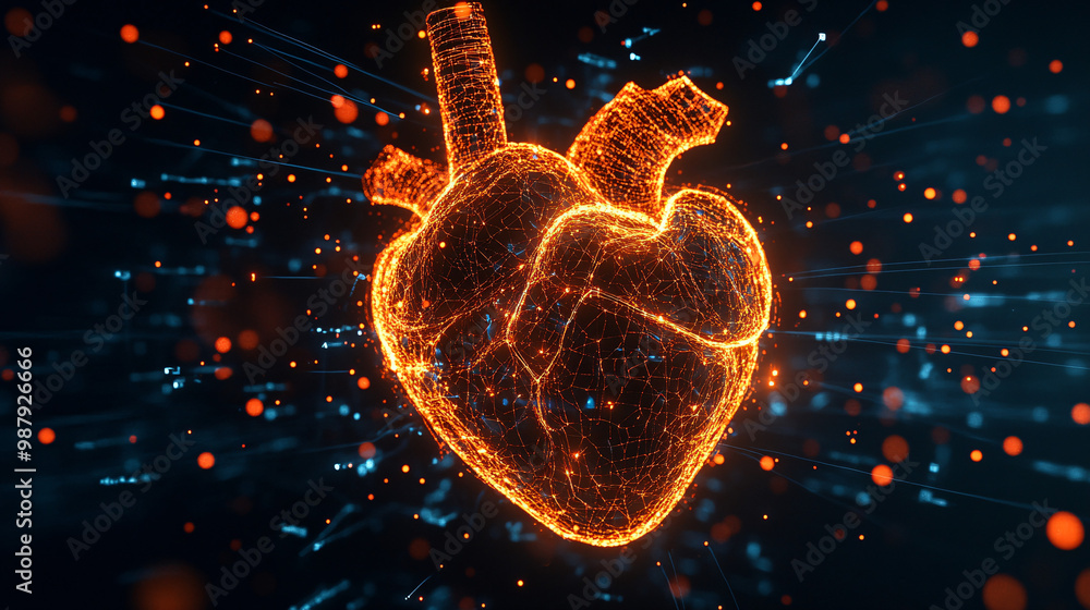 Poster heart. human heart as a holographic map. dark backdrop. navigation and emotion. ethical issues in em