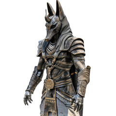 Fototapeta premium Anubis, the egyptian god of death, is posing in full metal armor