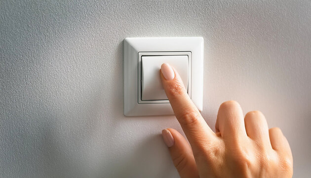 young woman hand turn off on lighting switch at home room. Finger pushing light switch turn on or off white switch on wall for saving, control power electrical energy, eco environment concept