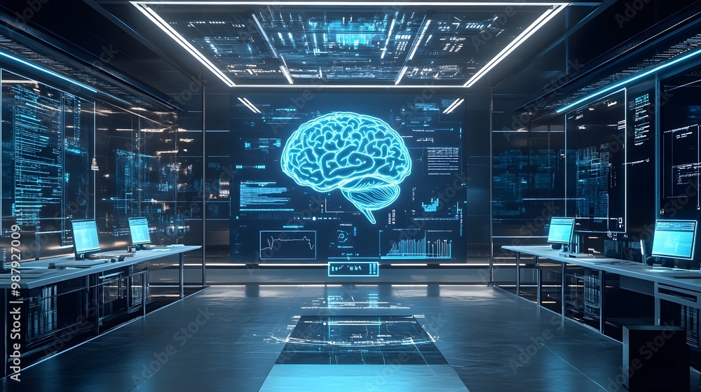 Aufkleber futuristic tech room with illuminated brain and data screens