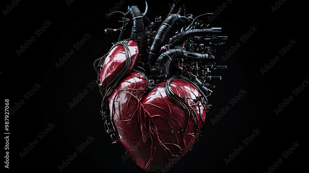 Poster heart. human heart connected to intricate wires and tubes. isolated deep black background. artificia