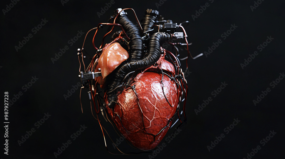 Poster heart. human heart connected to intricate wires and tubes. isolated deep black background. artificia