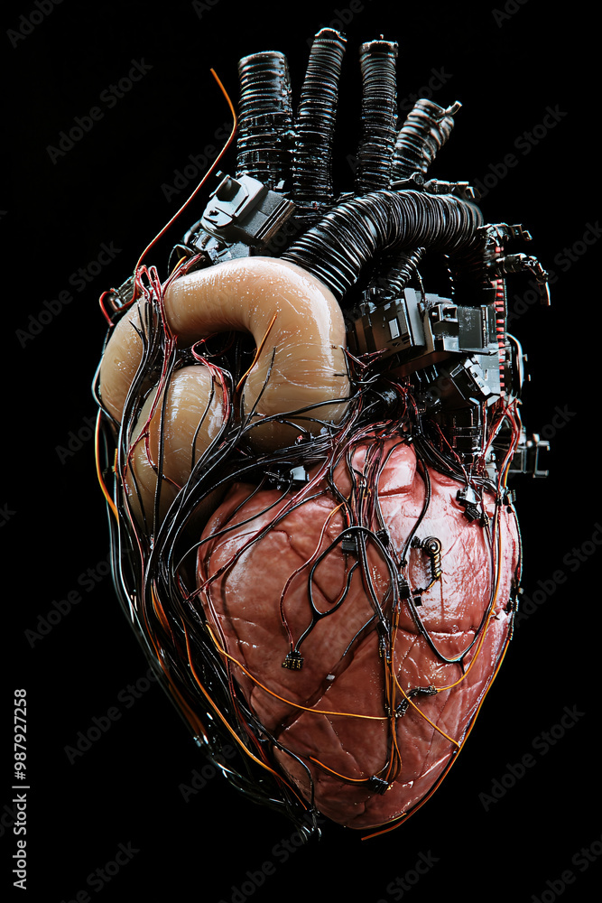 Poster heart. human heart connected to intricate wires and tubes. isolated deep black background. artificia