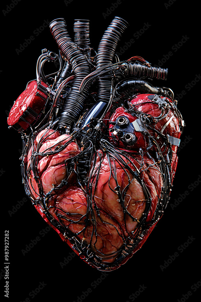 Poster heart. human heart connected to intricate wires and tubes. isolated deep black background. artificia