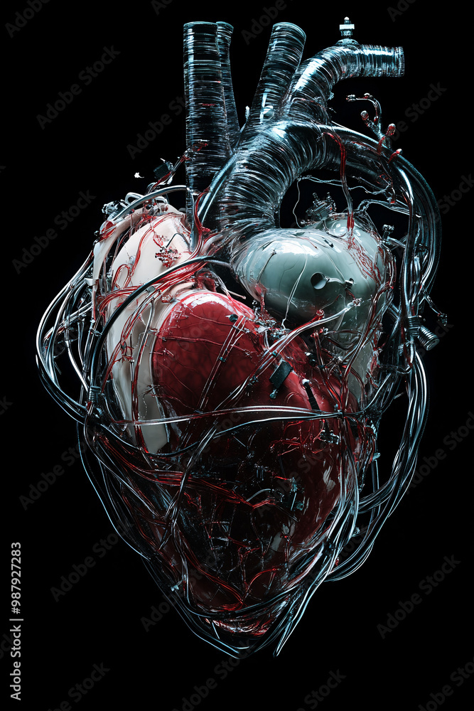 Poster heart. human heart connected to intricate wires and tubes. isolated deep black background. artificia