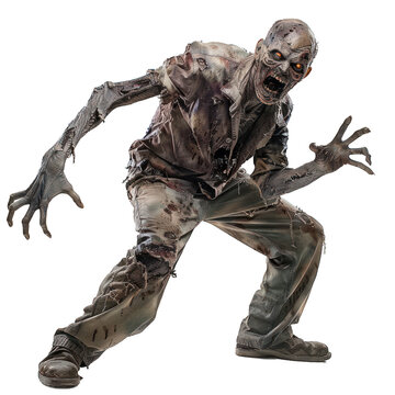 Scary zombie reaching out with rotting hands on white background