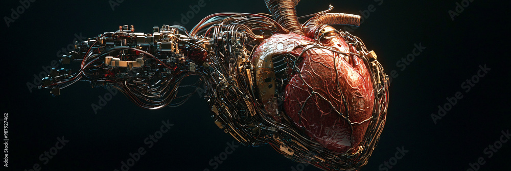Poster heart. human heart connected to intricate wires and tubes. isolated deep black background. artificia