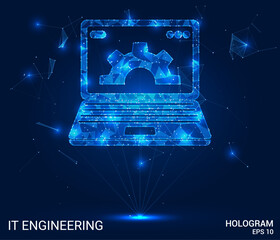 Hologram IT engineering. IT engineering made of polygons, triangles, dots, and lines. Low-poly IT engineering structure of connections. Technology concept vector.