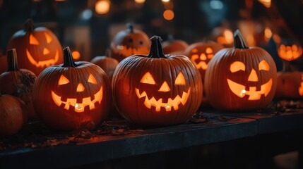 Fototapeta premium Group of glowing jack-o'-lanterns with different expressions, creating a spooky and fun Halloween atmosphere at night.