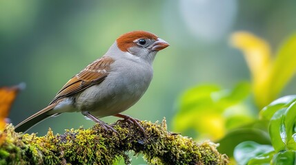 Fototapeta premium A beautiful bird perched on a mossy branch, surrounded by vibrant green foliage, showcasing nature's tranquil beauty.