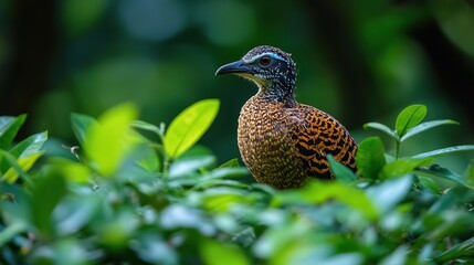A beautiful bird perched among lush green leaves, showcasing intricate feather patterns in a serene natural setting.