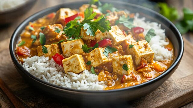 Delicious paneer curry served with fragrant basmati rice garnished with fresh herbs and vegetables