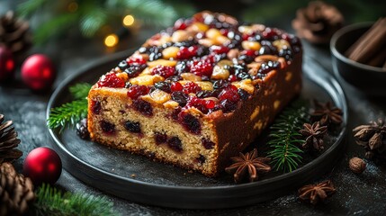  Festive Christmas fruitcake topped with glazed fruits and berries, surrounded by pinecones and holiday spices, perfect for seasonal celebrations.