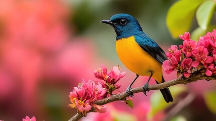 Fototapeta premium A vibrant bird perched on a branch surrounded by beautiful pink flowers, showcasing the beauty of nature in full bloom.