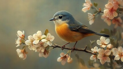 Fototapeta premium A vibrant blue bird perched on a branch surrounded by delicate pink flowers, showcasing the beauty of nature in spring.