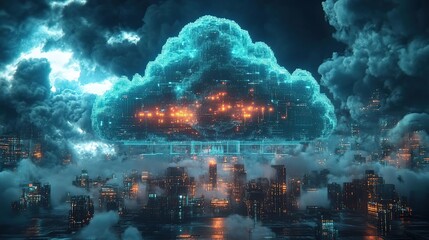 Fototapeta premium Cinematic view of a glowing cloud over a futuristic city, surrounded by dramatic clouds and vibrant lights illuminating the skyline.