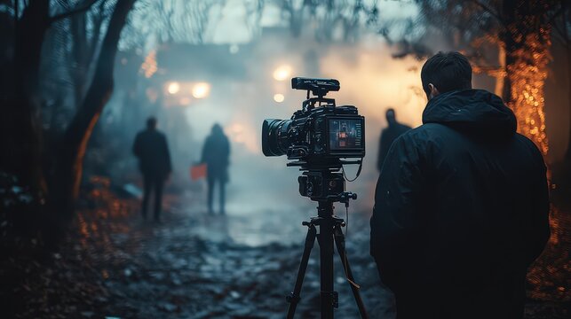 Cinematic scene in eerie forest, with camera crew filming mysterious figures in fog. Dark atmosphere perfect for suspenseful, horror movie production.

