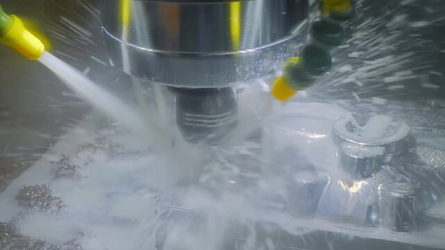 Slow motion: cnc turning milling machine with water cooling system is cutting metal workpiece at factory, exhibition, plant: close up. Concept of metalworking, manufacturing, equipment, and industrial