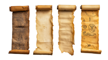 Four Set of ancient parchment scrolls on transparent and white background, cut out png