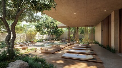 A detailed view of a surgeon wellness retreat, featuring activities like outdoor relaxation, group discussions, and holistic health practices.