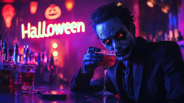 Living dead man with glowing eyes drinks cocktail in neon bar, scary zombie celebrates Halloween at apocalypse. Concept of dystopia, horror, portrait, cafe, party