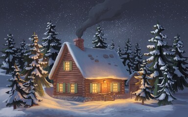 Naklejka premium A cozy wooden cabin with lit windows and smoke rising from the chimney is nestled in a snowy forest under a starry night sky.
