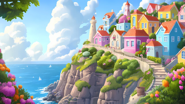 Stunning cliffside village with brightly colored houses, vibrant greenery, and a beautiful view of the ocean. Cliffside View. Illustration