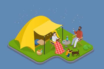 3D Isometric Flat Vector Illustration of Glamping, Glamour Camping © TarikVision