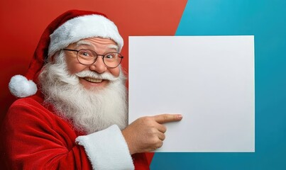 Naklejka premium Santa Claus Pointing at a Blank Poster in the Snow