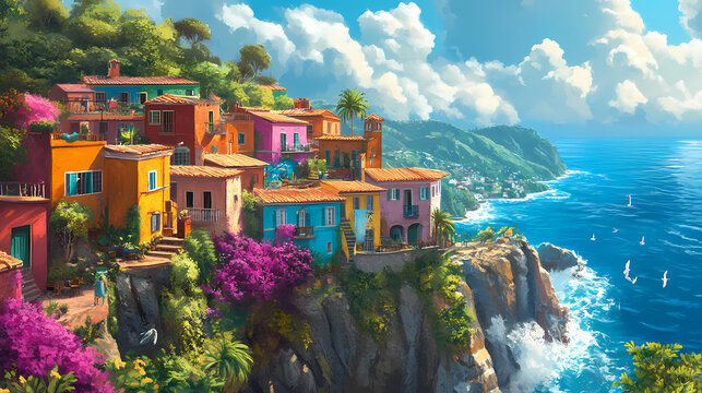 Stunning cliffside village with brightly colored houses, vibrant greenery, and a beautiful view of the ocean. Cliffside View. Illustration