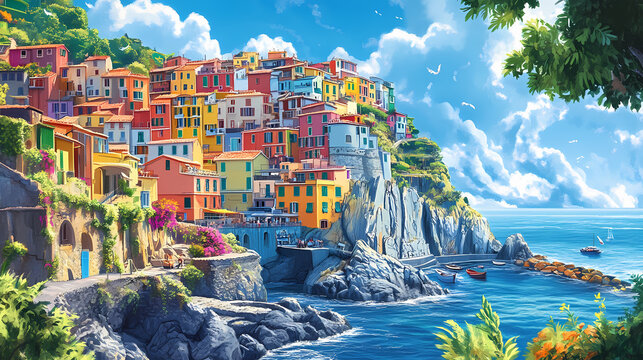 Stunning cliffside village with brightly colored houses, vibrant greenery, and a beautiful view of the ocean. Cliffside View. Illustration