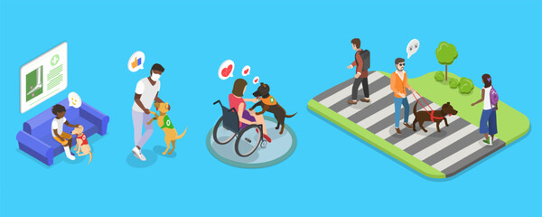 Obraz premium 3D Isometric Flat Vector Illustration of Guide Dogs , Providing Independence and Support for Individuals with Visual Impairments