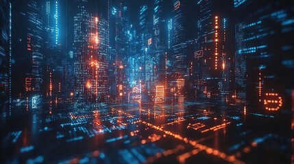 Fototapeta premium Futuristic cityscape illuminated by neon lights in vibrant blue and orange tones, ideal for technology or cyber themes.