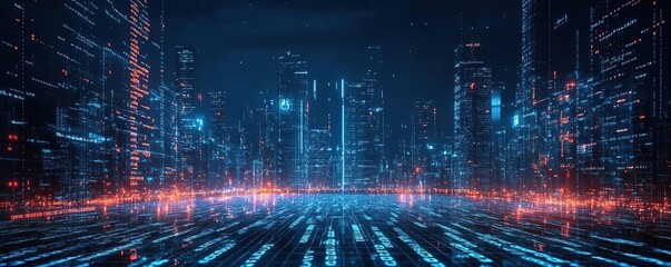 Fototapeta premium Futuristic cityscape with glowing lines and vibrant neon lights, showcasing advanced technology and digital innovation.