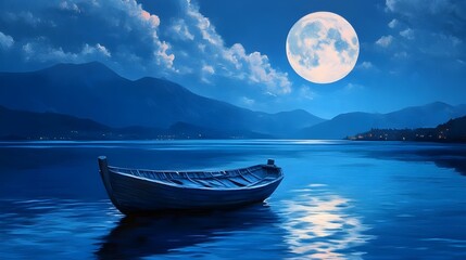 A glowing full moon shines on a boat in painting image